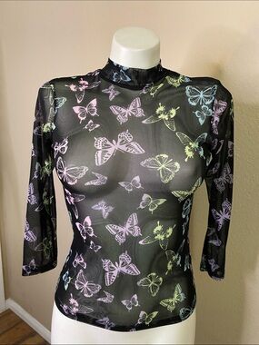 Sheer Black mesh Butterfly Print 3/4 Sleeve stretch Top